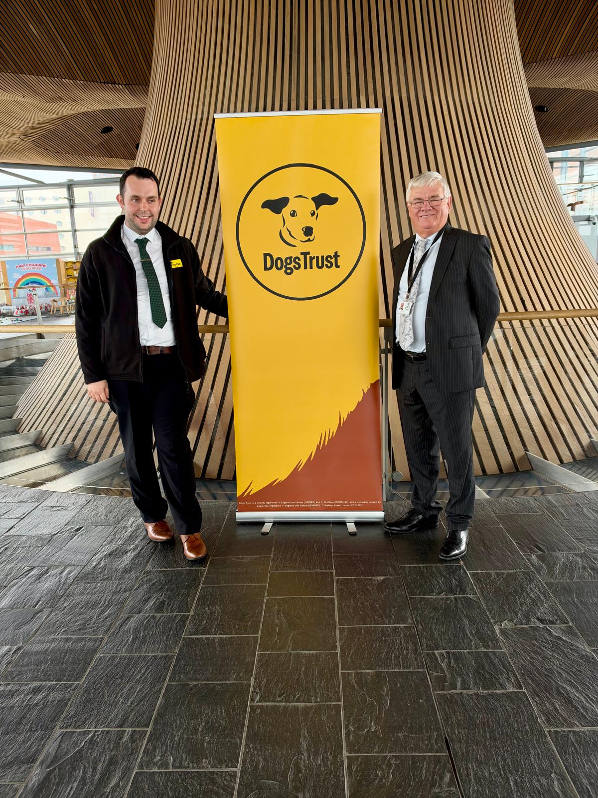 Adrian Mason MS meeting a Dogs Trust representative at the Senedd